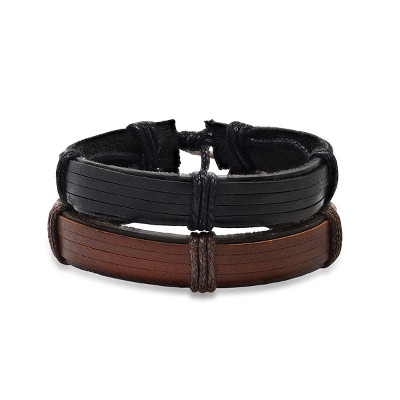 Steeltime Men's 2pc genuine braided rope black and brown leather drawstring bracelets