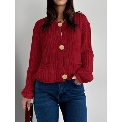 Womens Sweater Cardigan Long Sleeve Round Neck Button Front Casual Cardigan Sweater Tops