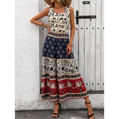 Women's Bohemian Patchwork Maxi Dress Sleeveless