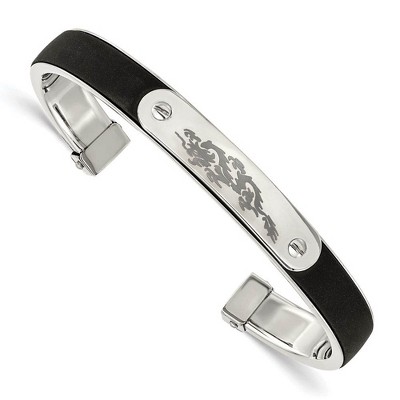 Black Bow Jewelry Men's Stainless Steel and Black Rubber 8mm Dragon Cuff Bracelet
