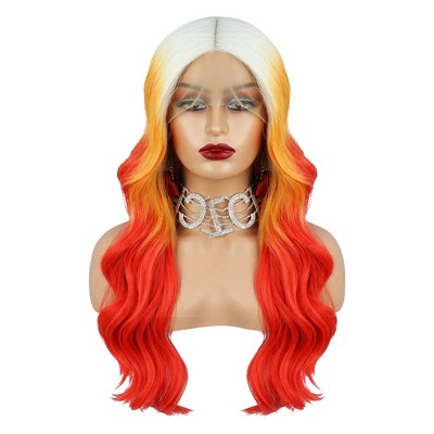 Unique Bargains Women's Long Body Wave Lace Front Wigs with Wig Cap 26" Blonde Gradient Orange 1PC