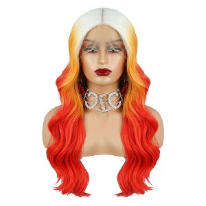 Unique Bargains Women's Long Body Wave Lace Front Wigs with Wig Cap 26" Blonde Gradient Orange 1PC - 1 of 4