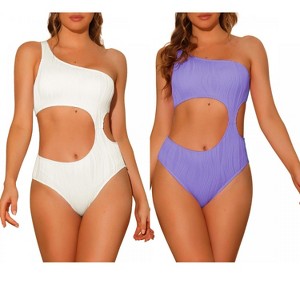 INSPIRE CHIC Women's One Shoulder Asymmetric Waist Cutout Ribbed Swimwear Monokini 1 Piece 2 Sets - 1 of 4