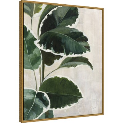 Large Green Leaf Study on Off-White Canvas with Gold Frame