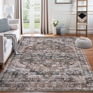 Acekool 8x10 Vintage Medallion Area Rug, Machine Washable Distressed Blue/Brown Non-Slip Stain Resistant Carpet for Living Room, Bedroom - 1 of 4