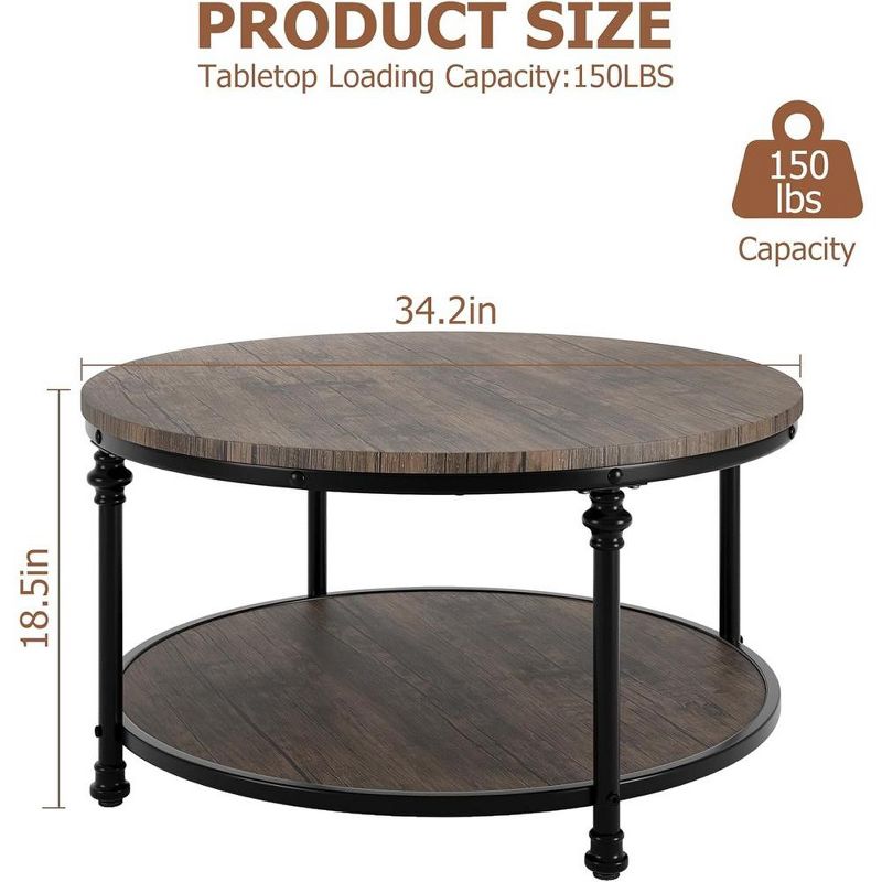 Round Coffee Table Living Room Rustic Center Table with Storage Wood Circle Coffee Table 34"in (Light Walnut), 3 of 7