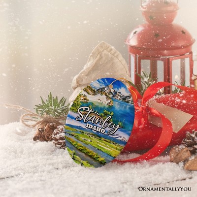 Breathtaking Stanley Mountain Town Ornament, Idaho Wilderness Christmas Gift and Scenic Lakeside Souvenir Oval 3
