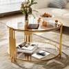 HTUTWOO 31.5" Brown Glass Coffee Table, Modern Cocktail Table Asymmetrical Metal, Circular Metal Drum Base With Lower Shelf For Living Room - 2 of 4