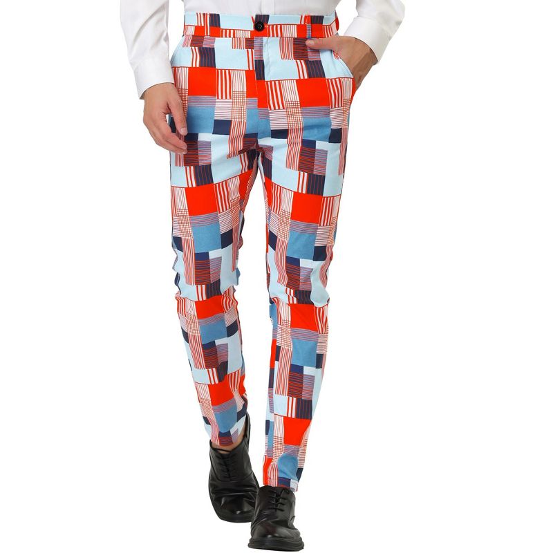 Lars Amadeus Men's Casual Geometric Printed Color Block Flat Front Dress Pants, 1 of 7