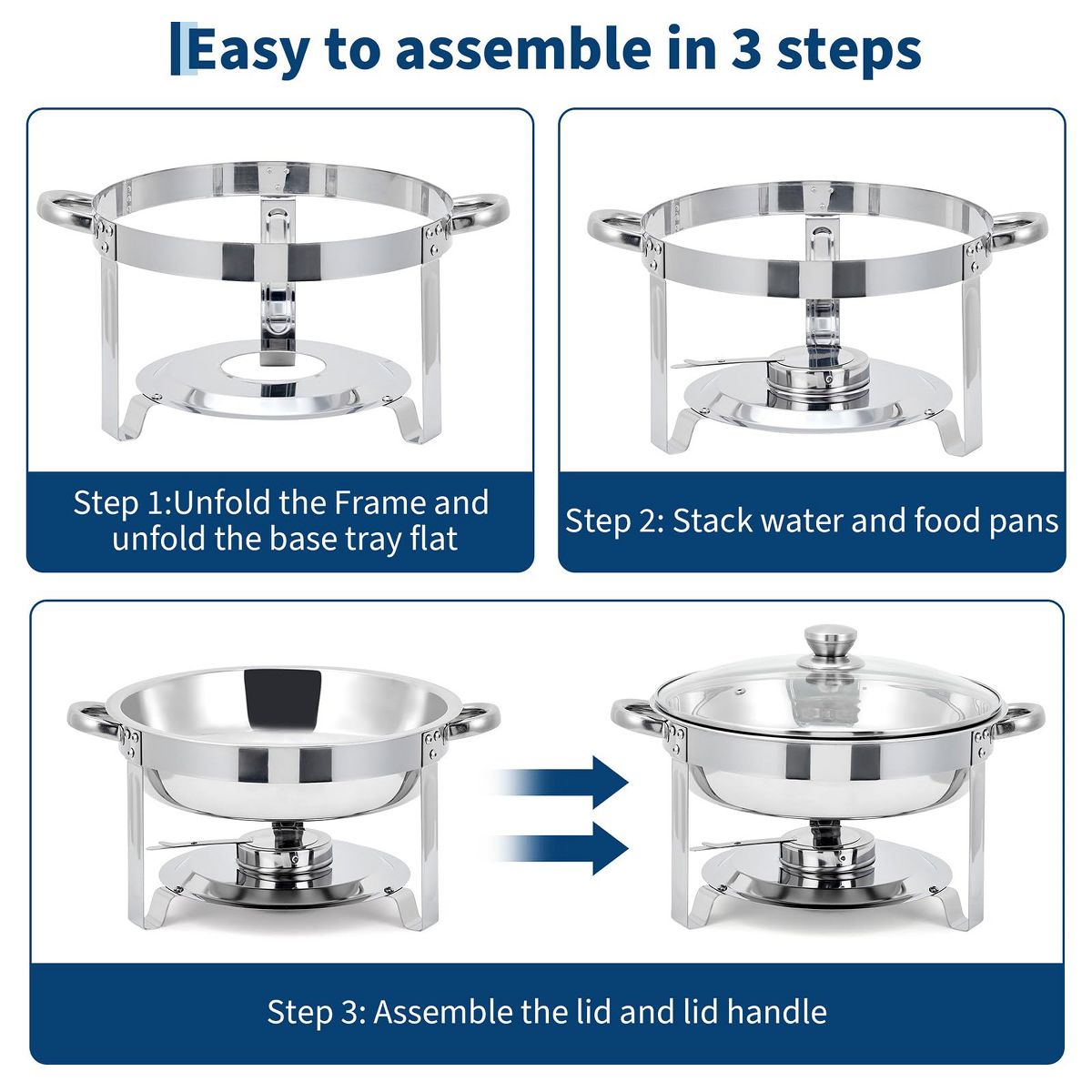 4/6-Pack 5QT Round Chafing Dish Set, Stainless Steel Buffet Food Warmers with Lids & Water Pans, Buffet Servers for Parties, Weddings and Banquets - thumbnail 6