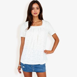 Anna-Kaci Women's Eyelet Square Neck Top with Short Sleeves, Pleated Front, Lightweight Comfortable Casual Blouse - 1 of 4