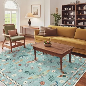 Rugs for Living Room, Floral Insect Botanical Area Rug, Soft Washable Non Slip Low Pile Rug Bedroom Home Decor - 1 of 4