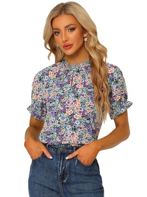 INSPIRE CHIC Women's Ruffled Short Sleeve Floral Mock Neck Summer Top