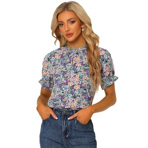INSPIRE CHIC Women's Ruffled Short Sleeve Floral Mock Neck Summer Top - 1 of 4