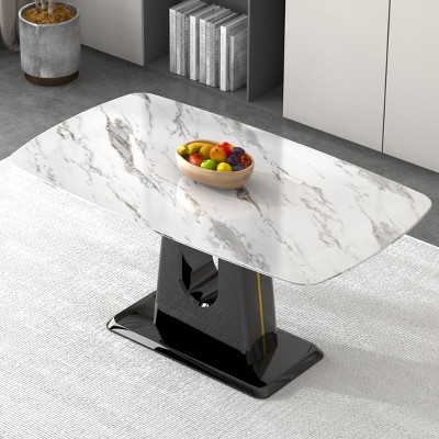 4-6 Seater Imitation Marble Kitchen Table,Table With Glass Tabletop And U Shaped MDF Legs,Rectangular Large Dining Table-Cuddlewood
