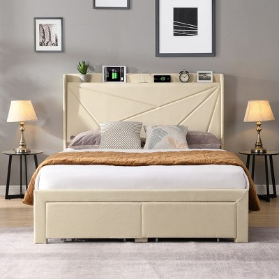 Queen Size Bed Frame With 2 Storage Drawers, Headboard, Built-in USB Charging, Storage Shelf Upholstered Bed Frame, No Box Spring Needed Bed Frame
