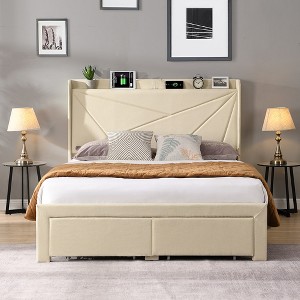 Queen Size Bed Frame With 2 Storage Drawers, Headboard, Built-in USB Charging, Storage Shelf Upholstered Bed Frame, No Box Spring Needed Bed Frame - 1 of 4