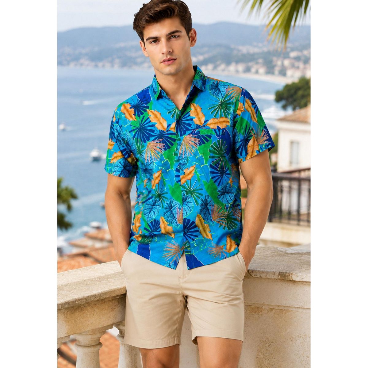 LA LEELA Men's Hawaiian Short Sleeve Button Down Shirt Mens Casual Shirts Holiday Tropical Beach Summer Party Shirts for Men Funny 5XL Blue, Leaf - thumbnail 5