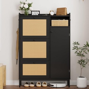 Garvee Shoe Cabinet with 3 Flip Drawers, 4-Tier Rattan Shoe Storage Cabinet, Freestanding Shoe Organizer with Adjustable Shelves for Entryway - 1 of 4