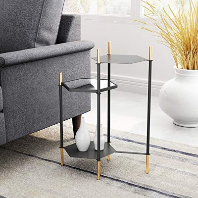 William Black and Gold Hexagonal Metal and Glass Accent Table