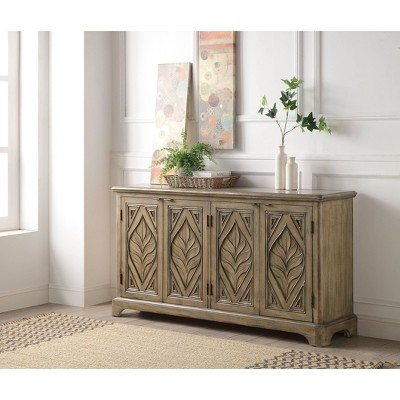 ORRD  Oak Finish Console Cabinet - 4 Door Storage Cabinet No Assembly Required, Entryway & Living Room Furniture