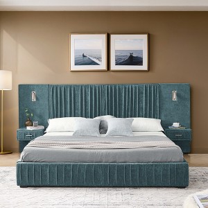 GDFStudio Orla Modern Pleated Chenille Upholstered Bed with Built-in Bedside Table and Lamp - 1 of 4