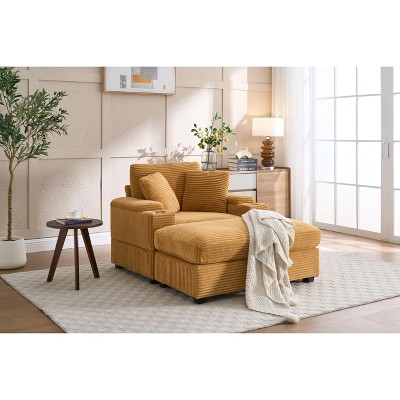 PAGED Upholstered Sofa Corduroy Chaise Lounge Sofa with Handrail Storage, Movable Ottoman, Cupholders for Living Room, Apartment