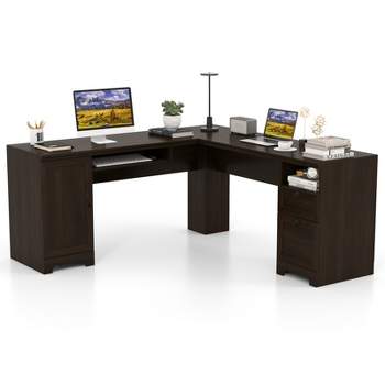 Costway L-Shaped Corner Computer Desk Writing Table Study Workstation w/ Drawers Coffee