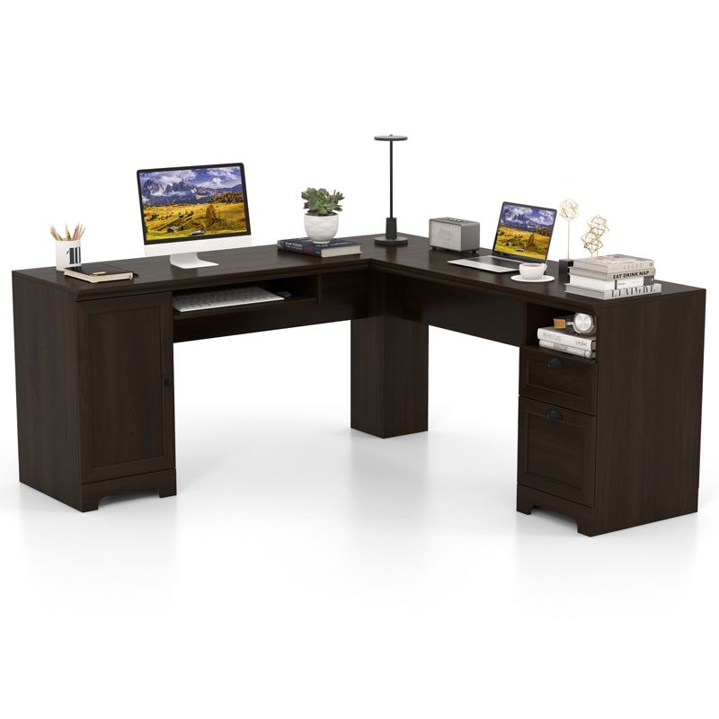 Costway L-Shaped Corner Computer Desk Writing Table Study Workstation w/ Drawers Coffee, 1 of 11