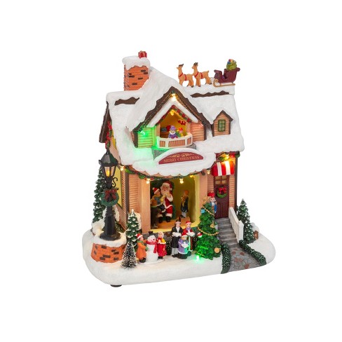 GIL 10.63-in B/O Lighted Musical Holiday House w/ Moving Scene, 3 Ways  switch, DC Compatible.