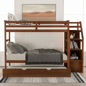 NicBex Twin over Twin Bunk Bed Pine Triple Bed Frame with Trundle, Storage Stairs and Full Length Guardrail for Bedroom, No Box Spring Required - 1 of 4