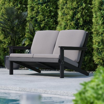 Black Poly Resin Wood Adirondack Patio Loveseat with Cushions