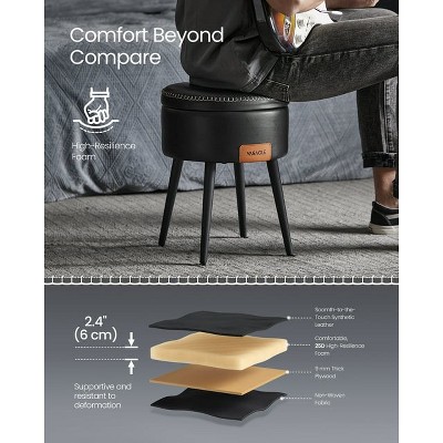 VASAGLE Ink Black Round Storage Ottoman Stool with Steel Legs