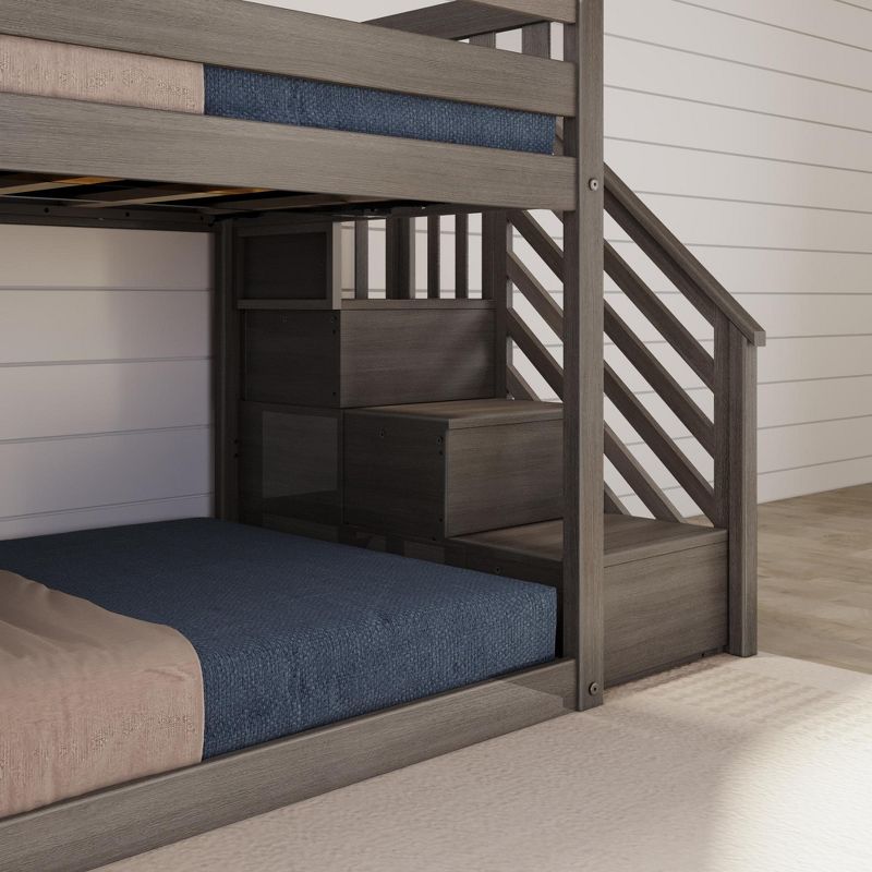 Max & Lily Twin Over Twin Low Bunk Bed with Slide and Stairs, Solid Wood Kids Platform Bed with 14” Guardrails, 3 of 8