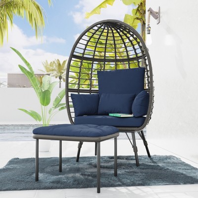 Bigget Outdoor Steel Rattan Patio Egg Lounge Chair, Blue