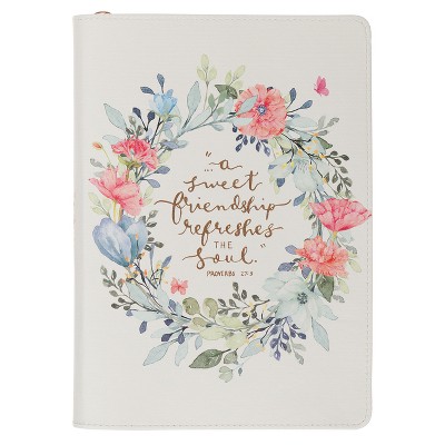 Journal Classic Zip White Sweet Friendship Prov. 27:9 - (Leather Bound)