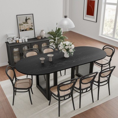 PexFix 79" x 33.5" Farmhouse Kitchen Dining Room Table Home Furniture Oval Black Kitchen Table with Rattan Woven Legs for Kitchen Bar Living Room