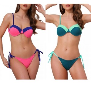 INSPIRE CHIC Women's Contrast Color Ribbed Triangle Bottom Swimwear Bathing Bikini Suits 2 Sets - 1 of 4