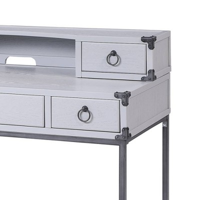 Gray Wood Writing Desk with Drawers and Metal Legs