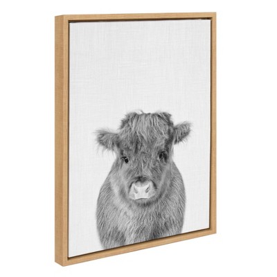 Natural Wood Framed Black and White Baby Calf Canvas Print