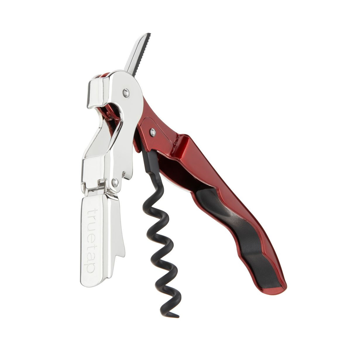 True Truetap Double Hinged Corkscrew Wine Opener, Stainless Steel Wine Key, Built-in Bottle Opener & Foil Cutter, Home Bar Gifts, Travel, Metallic Red