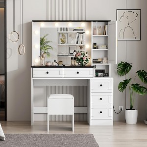 Makeup Vanity Desk and Stool, Vanity Desk with Lights in 3 Colors, Vanity Table Set with Charging Station, Drawers and Hidden Storage Shelves - 1 of 4