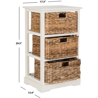 Distressed White Pine Wood 3-Drawer Side Table with Wicker Baskets