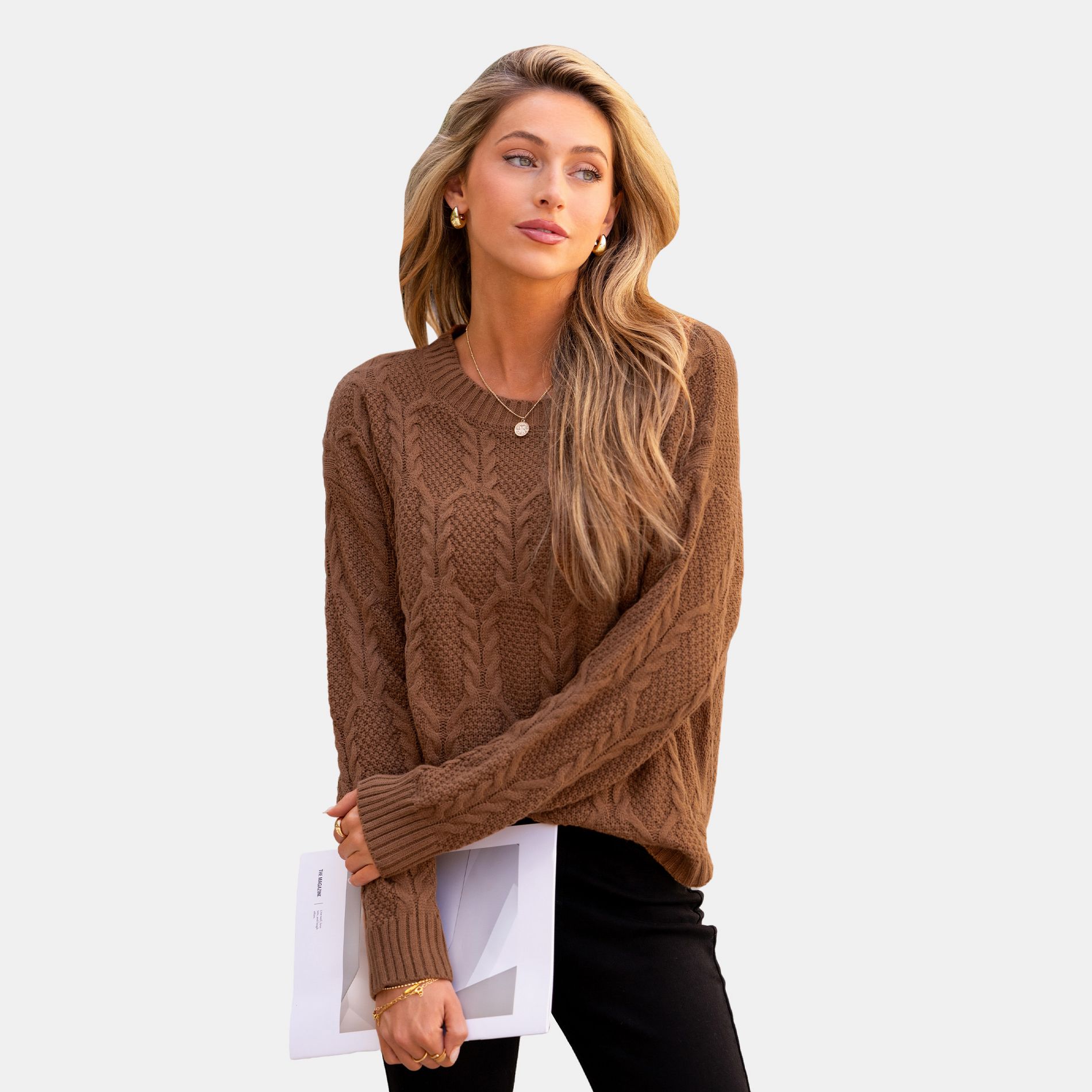 Women's Cozy Brown Cable Knit V-Neck - Cupshe-L-Brown