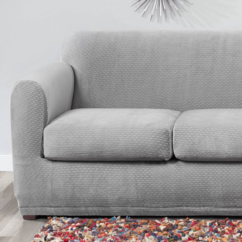 Stretch Modern Block 3 Seat Sofa Slipcover Gray - Sure Fit, 4 of 5