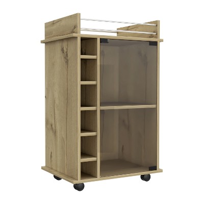 Vynxaria 37-Inch Bar Serving Carts, Light Oak Finish, Two-Tier Cabinet with Wine Cubbies