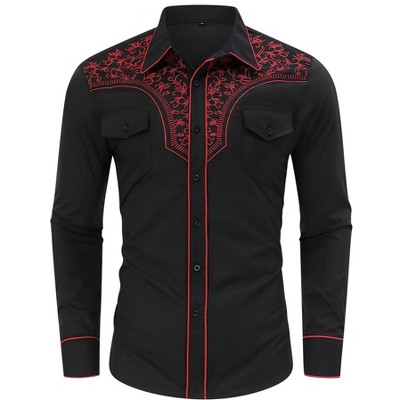 Men's Western Cowboy Shirt Long Sleeve Embroidered Casual Button Down Shirt with Pockets