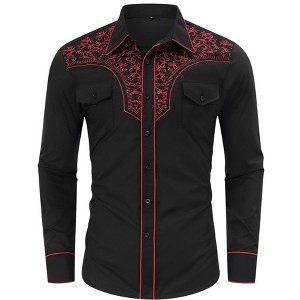Men's Western Cowboy Shirt Long Sleeve Embroidered Casual Button Down Shirt with Pockets - 1 of 4