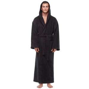 Arus Men's Turkish Terry Cotton Hooded Robe, Full Length Long Bathrobe with Hood - 1 of 4