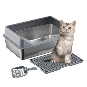 8'' Deep Stainless Steel Cat Litter Box with Lid, Large Metal Litter Box, Kitty Litter Box with Scoop and Mats, Non-Sticky, Easy Clean,Odorless - 1 of 4